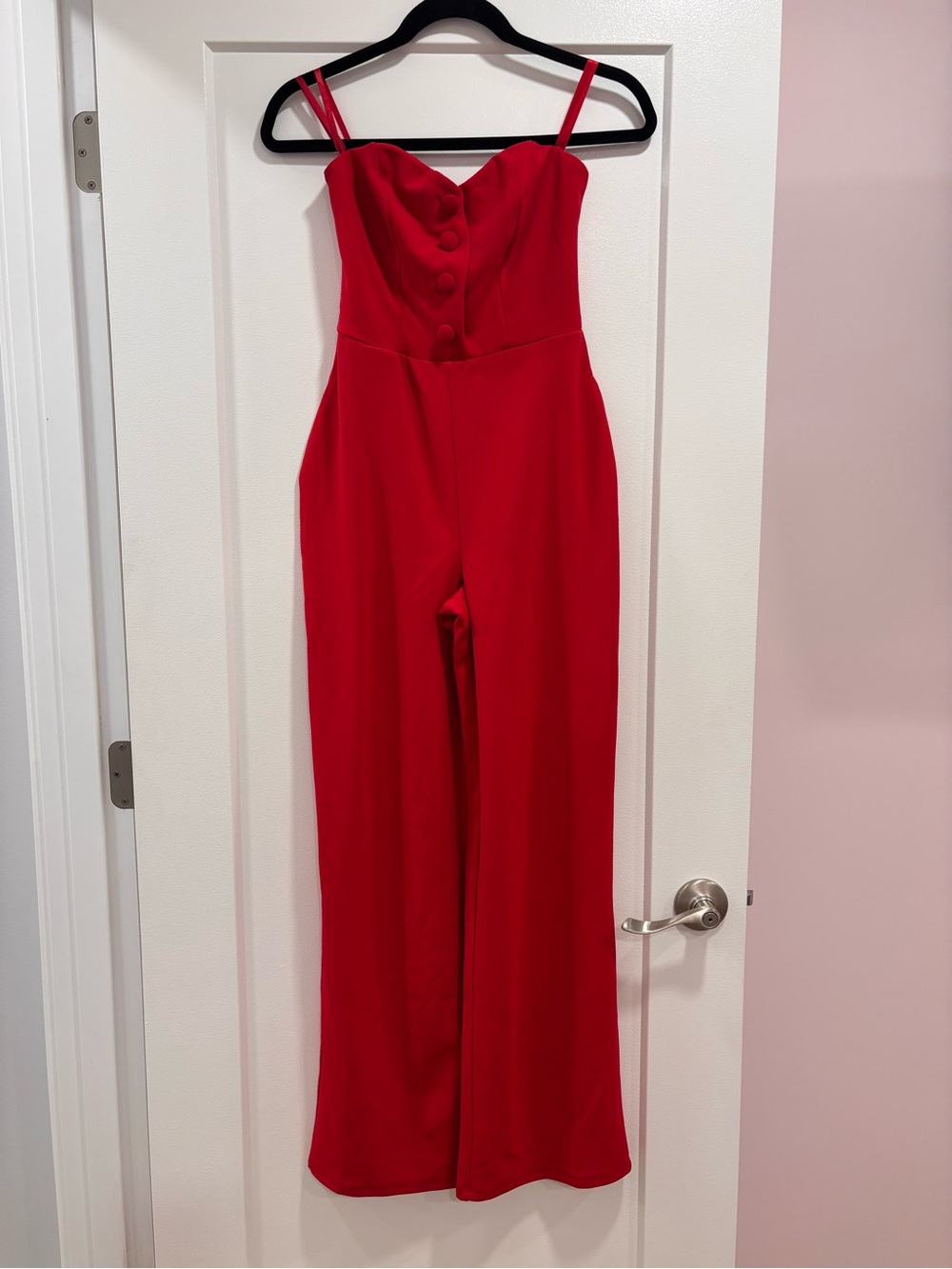 Elegant Red Strap Jumpsuit with Button-Front Bodice